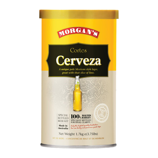 A can of Morgan's Cortes Cerveza, a pale Mexican style beer with citrus notes, packaged in a yellow and silver tin.