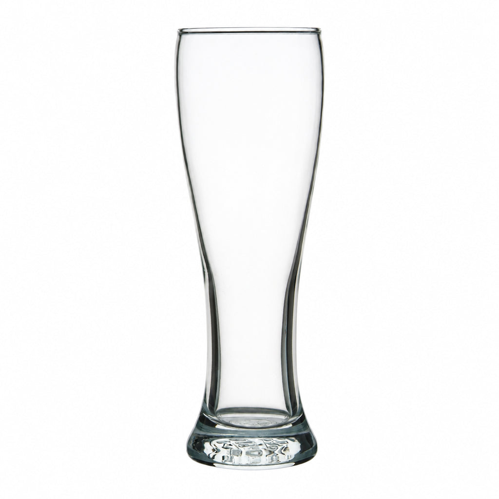 A conical glass beer schooner with a clear body and a solid pattern.