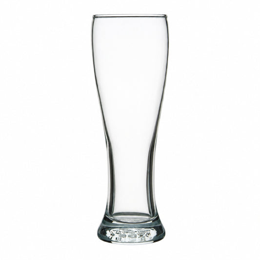 A conical glass beer schooner with a clear body and a solid pattern.