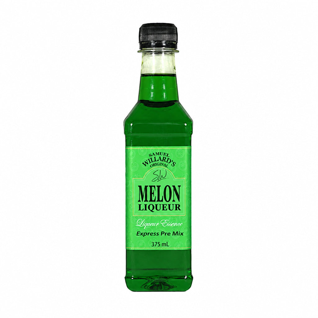 A bottle of Samuel Willards Melon Premix Liqueur, green in color, with a black cap.