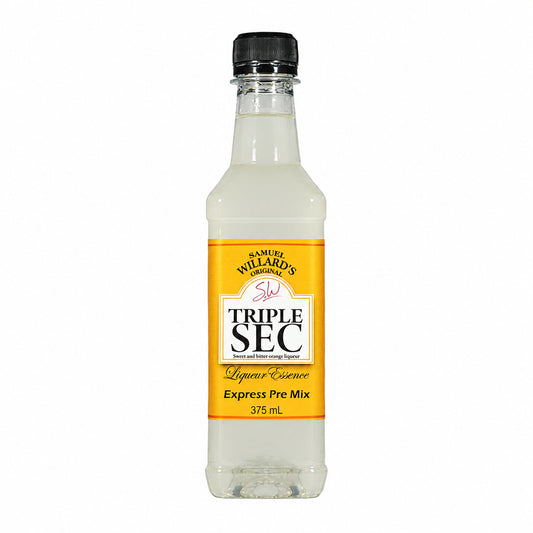 A bottle of Samuel Willards Triple Sec Premix with a yellow label, clear liquid, and a black cap.