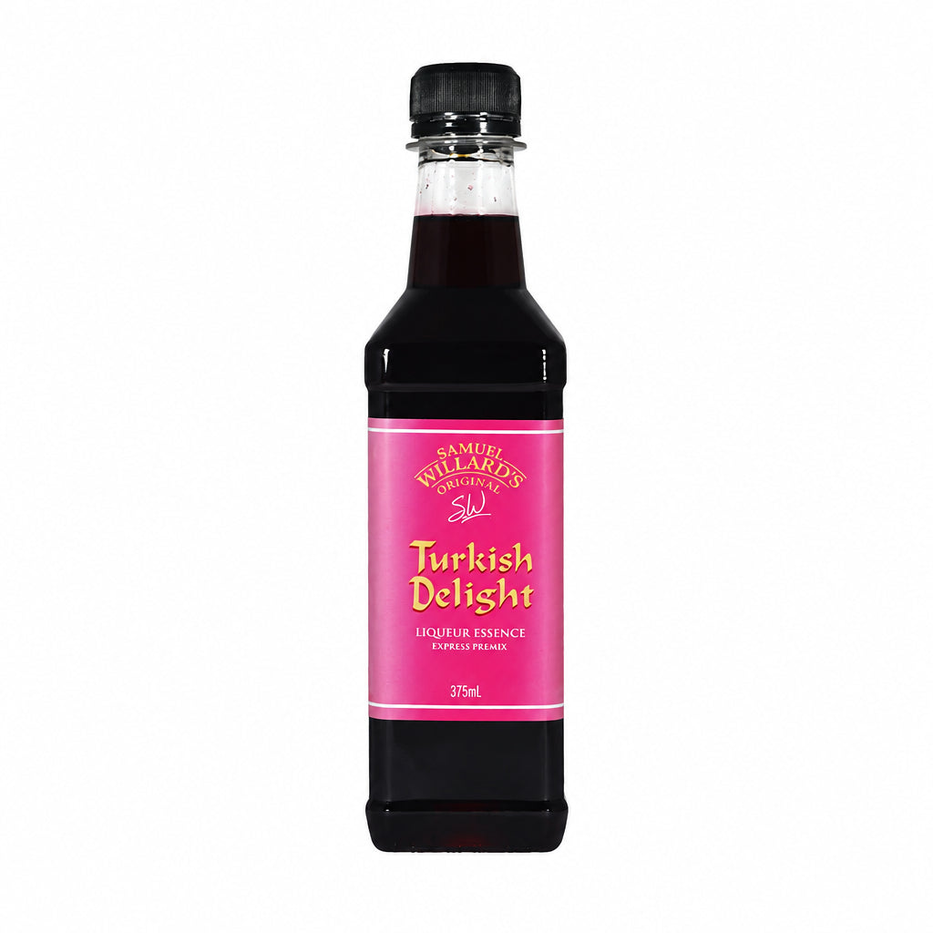 A bottle of Samuel Willard's Turkish Delight Premix, with a label indicating the flavor and volume (1125mL).