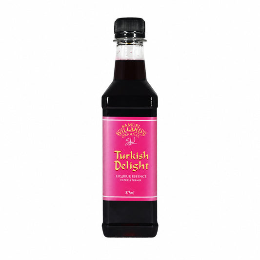 A bottle of Samuel Willard's Turkish Delight Premix, with a label indicating the flavor and volume (1125mL).
