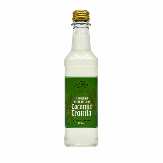 A 375 mL glass bottle of Willard's Premix 'Flavouring in the Style of Coconut Tequila' featuring a green label and a gold screw cap, set against a plain white background.