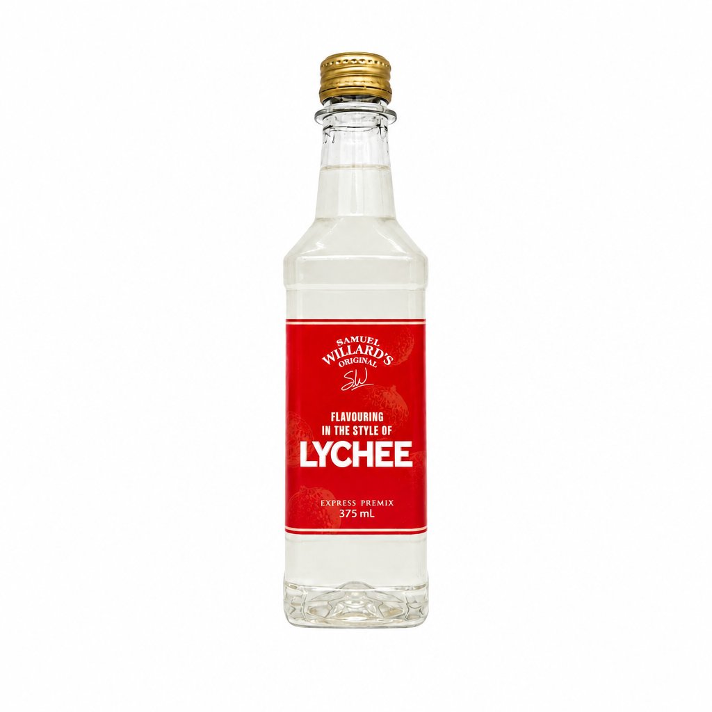 A 375 ml clear glass bottle of Samuel Willard's Original Lychee Premix