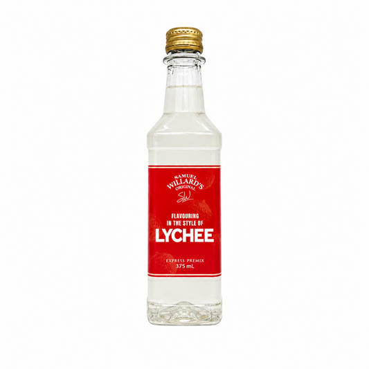 A 375 ml clear glass bottle of Samuel Willard's Original Lychee Premix