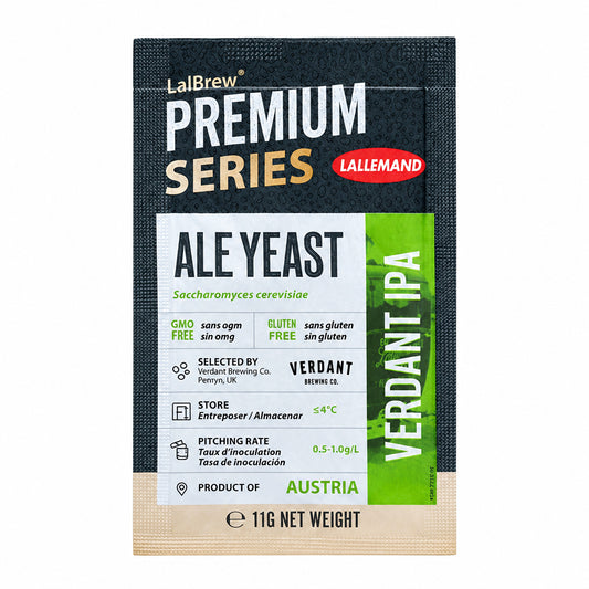 A pack of LALLEMAND VERDANT IPA YEAST, part of the LABREW Premium Series, with product information and branding visible.