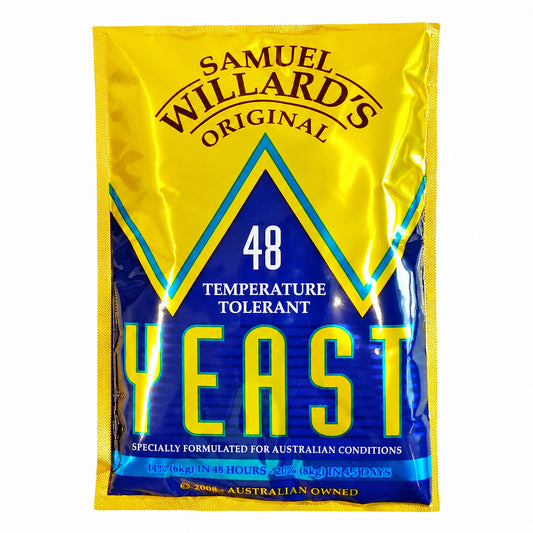 Packaging of Samuel Willards Original 48 temperature tolerant yeast. The package is primarily yellow with blue accents and text.