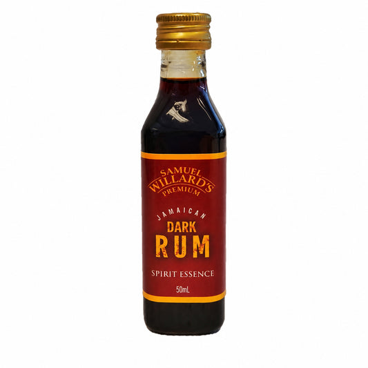 A bottle of Samuel Willard's Premium Jamaican Dark Rum spirit essence with a rich caramel color