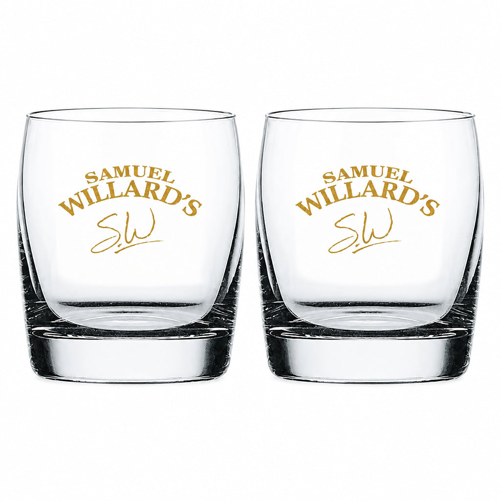 Two clear glass whiskey glasses with the text 'Samuel Willard's' printed on them.