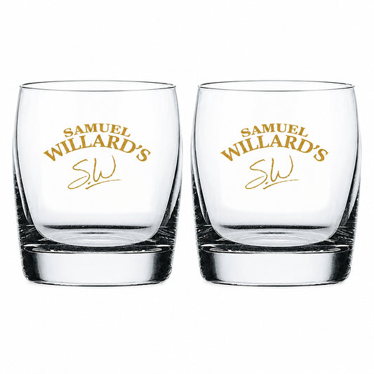 Two clear glass whiskey glasses with the text 'Samuel Willard's' printed on them.