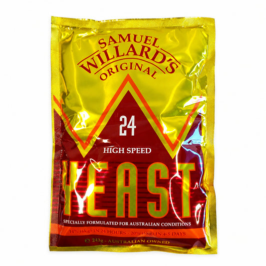 Packaging of Samuel Willards 24 Hour Yeast with red and yellow branding, indicating high speed fermentation.