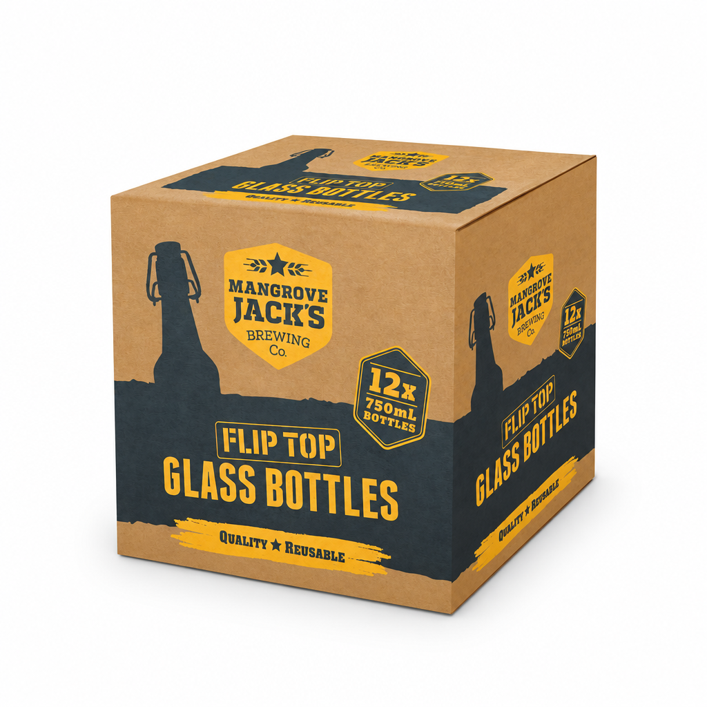 Box of Mangrove Jacks Amber Flip Top Bottles on a white background
