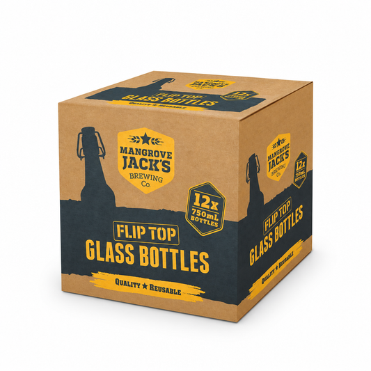 Box of Mangrove Jacks Amber Flip Top Bottles on a white background